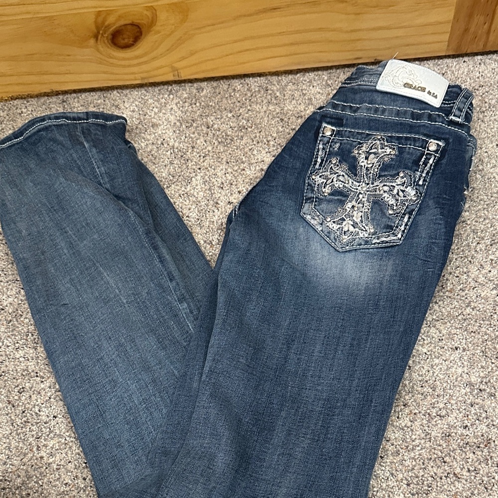 Grace in LA Dark Blue Boot Cut Jeans with Embroidery